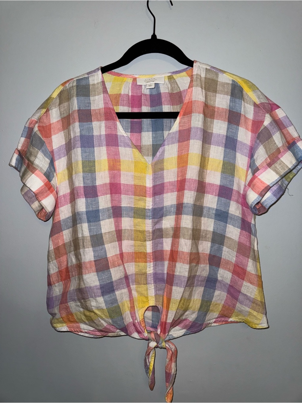 Charter Club Pastel Plaid Tie-Front Blouse 100%LINEN